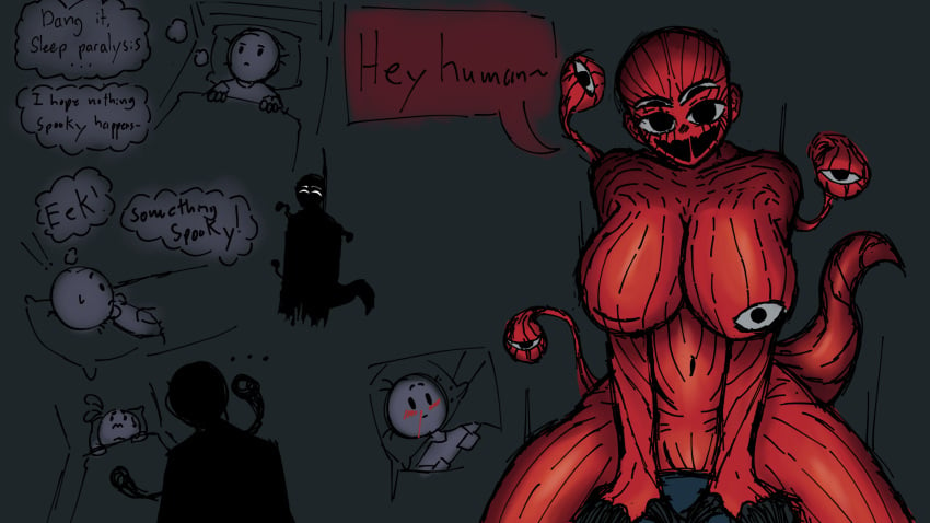 1boy 1girls body_horror dialogue humanoid large_breasts large_thighs lueislazy monster multi_eye red_skin sleep_paralysis sleep_paralysis_demon sleeping