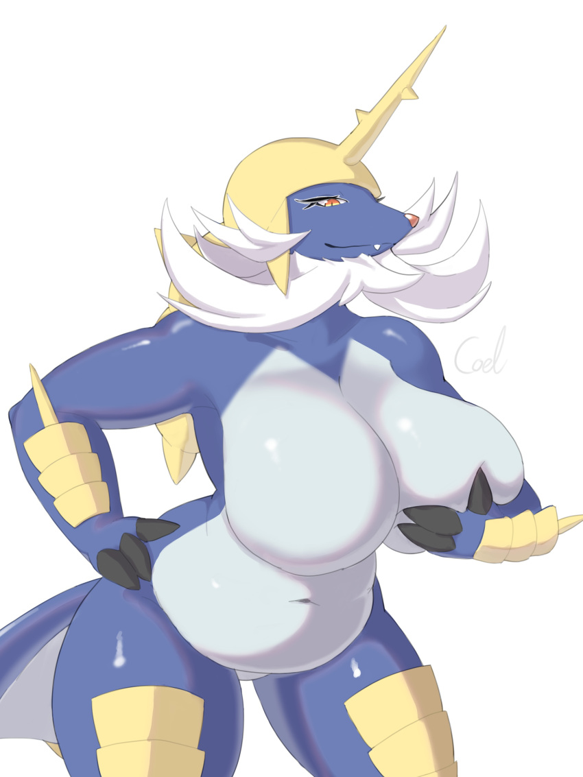 absurd_res anthro anthrofied big_breasts blue_body breasts coel_(artist) featureless_breasts female fur generation_5_pokemon hi_res horn mammal nintendo nude pokemon pokemon_(species) samurott simple_background smile solo white_background white_body