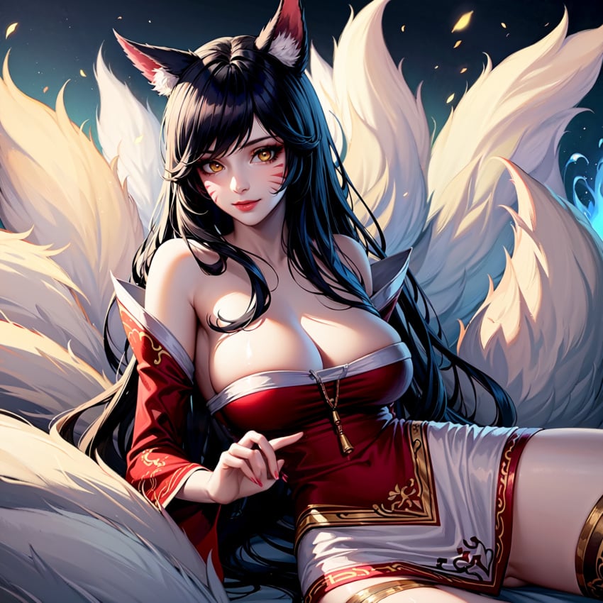 1girls ahri ai_generated animal_ears bare_shoulders black_hair breasts cleavage facial_markings female female_only fox fox_girl kitsune large_breasts league_of_legends long_hair looking_at_viewer self_upload stable_diffusion vastaya zat3rj3en