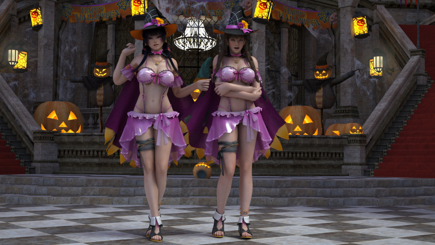 2girls 3d bare_shoulders black_hair blue_eyes breasts brown_eyes brown_hair cape dead_or_alive female female_only halloween halloween_costume heart_tattoo hitomi_(doa) hitomiluv3r jack-o'-lantern legs looking_at_viewer navel necklace nyotengu pumpkin revealing_clothes standing toes witch witch_hat