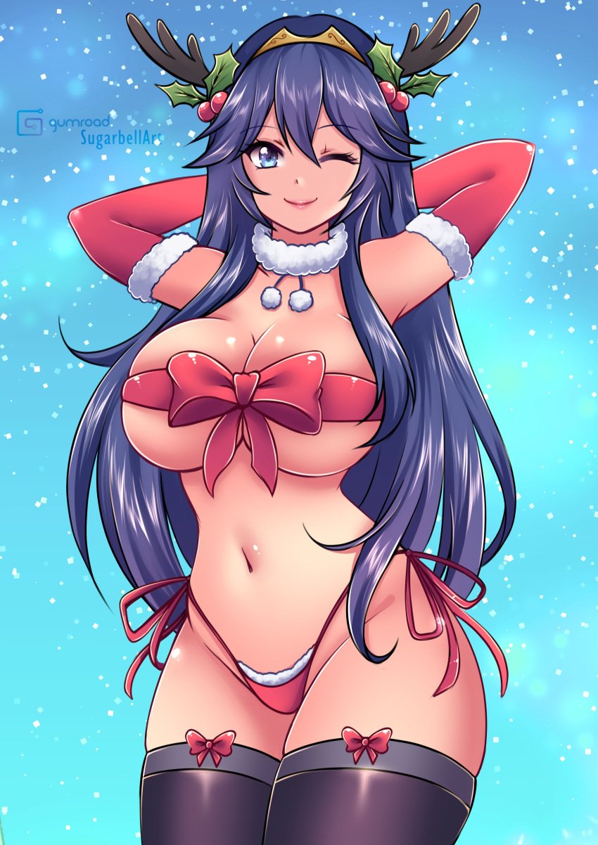 1girls alternate_breast_size antlers arms_behind_head bare_thighs blue_eyes blue_hair breasts christmas christmas_outfit cleavage elbow_gloves female female_only fire_emblem fire_emblem_awakening gloves holly_(plant) large_breasts lingerie long_hair looking_at_viewer lucina_(fire_emblem) naked_ribbon navel nintendo panties red_panties ribbon sky snow solo sugarbell thick_thighs thighhighs thighs tiara underboob underwear very_long_hair wink