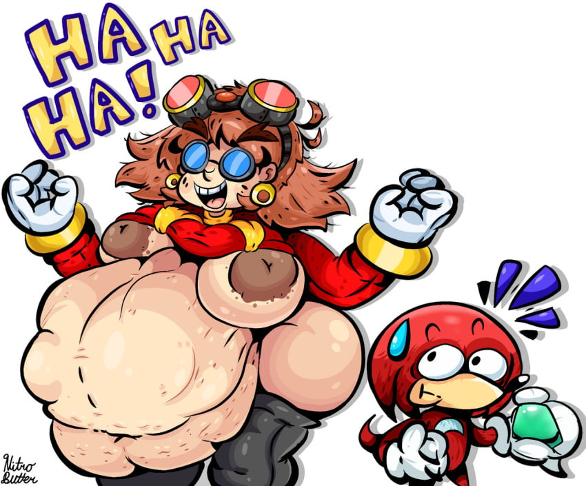 1boy 1girls :t ass_out breasts_out brown_hair brown_nipples dr._eggma’am earrings glasses gloves huge_ass huge_breasts huge_thighs hyper_belly hyper_breasts inverted_nipples knuckles_the_echidna laugh mysticemerald_(artist) nitrobutter rule_63 shirt_lift sonic_(series) struggling_prey sweat sweatdrop thighhighs vore vore_belly