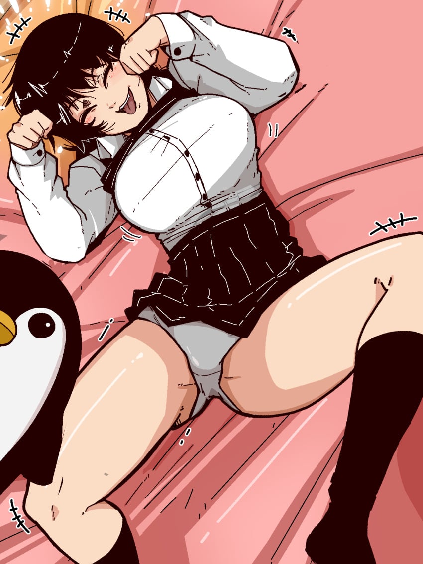 bed big_breasts black_hair breasts chainsaw_man clothed dreaming exposed_panties large_breasts laying_on_bed mark_gavatino mitaka_asa open_mouth panties paw_pose penguin school_uniform shirt skirt skirt_up sleeping tongue tongue_out unaware white_panties