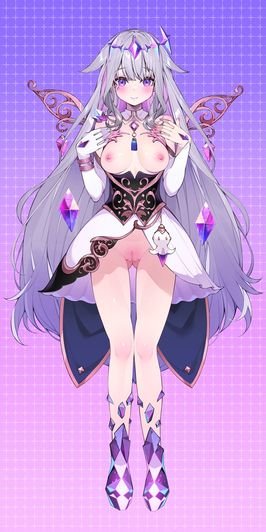 absurdres adapted_costume breasts censored circlet colored_inner_hair dress female grey_hair highres hololive hololive_english hololive_english_-advent- jewel_under_eye koseki_bijou long_hair looking_at_viewer mosaic_censoring multicolored_hair nipples open_mouth petite purple_eyes pussy small_breasts smile solo thigh_gap topless virtual_youtuber waterring white_dress