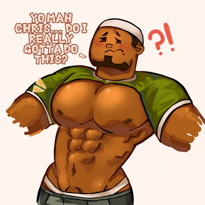 bara bara_tiddies bara_tits blushing_male dark-skinned_male dj_(tdi) jockstrap kwitefan200 male_only nervous pants_pulled_down pectorals shirt_lift total_drama_island