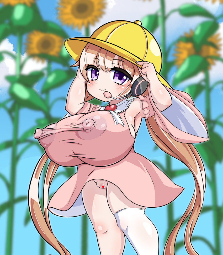 artist_request big_areola big_ass big_breasts big_nipples big_thighs blushing_at_viewer cute_expression looking_at_viewer nipple_bulge nipples_visible_through_clothing pink_hair pink_shirt smaller_female sunflowers violet_eyes white_legwear white_panties yellow_hat