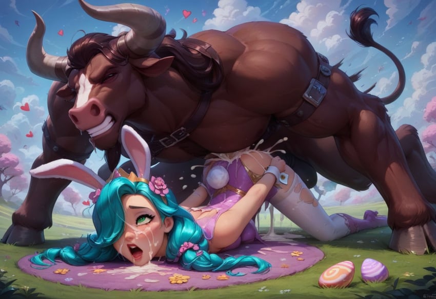 ai_generated broken_rape_victim brokentoys bunny_costume bunny_ears bunny_girl bunny_tail bunnysuit defeated doggy_style doggy_style easter easter_egg flower_in_hair flowers fucked_silly fucked_to_death hermes113 minotaur pink_hair purple_hair rape raped twintails