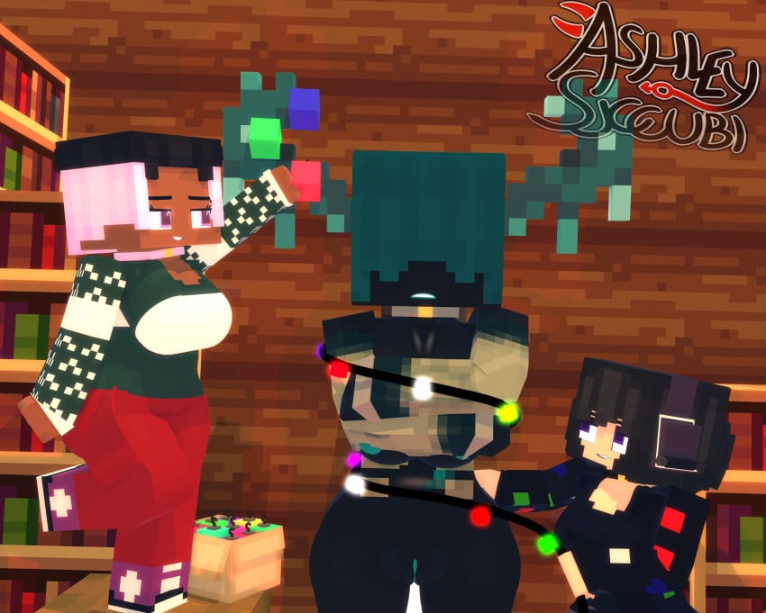 3d 3girls angel-matty breasts cherry_(angel-matty) christmas christmas_decorations christmas_outfit clothed_female fruity_(extrafruitygirl) horns human_female humanoid mine-imator minecraft monster_girl no_panties outside tagme warden_(minecraft) warden_girl wet_pussy