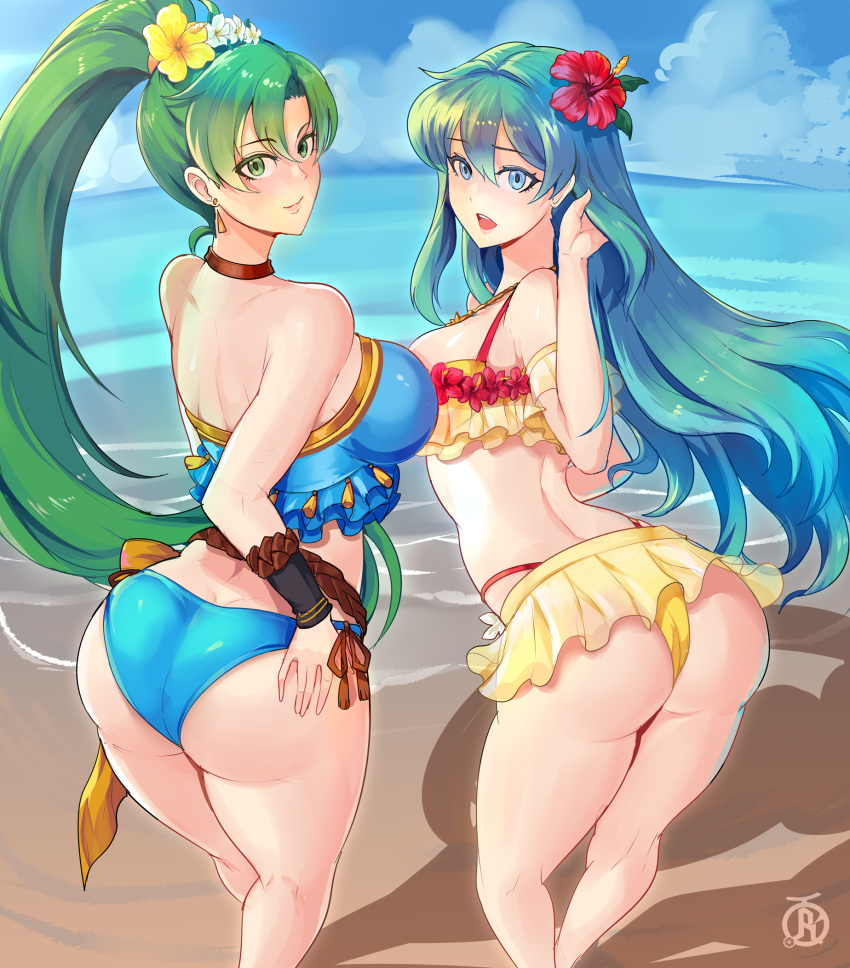 2girls alternate_costume ass bare_thighs beach big_ass bikini blue_bikini blue_eyes blue_hair blue_sky blue_swimsuit blush breasts earrings eirika_(fire_emblem) eirika_(summer)_(fire_emblem) female fire_emblem fire_emblem:_the_blazing_blade fire_emblem:_the_sacred_stones fire_emblem_heroes flower green_eyes green_hair hair_flower hair_ornament highres jewelry large_ass large_breasts light-skinned_female light_blue_hair light_skin long_hair looking_at_viewer looking_back lyn_(fire_emblem) lyn_(summer)_(fire_emblem) medium_breasts multiple_girls nintendo ocean official_alternate_costume red_bikini red_swimsuit revolverwingstudios sand sky sunlight swimsuit thighs yellow_bikini yellow_swimsuit