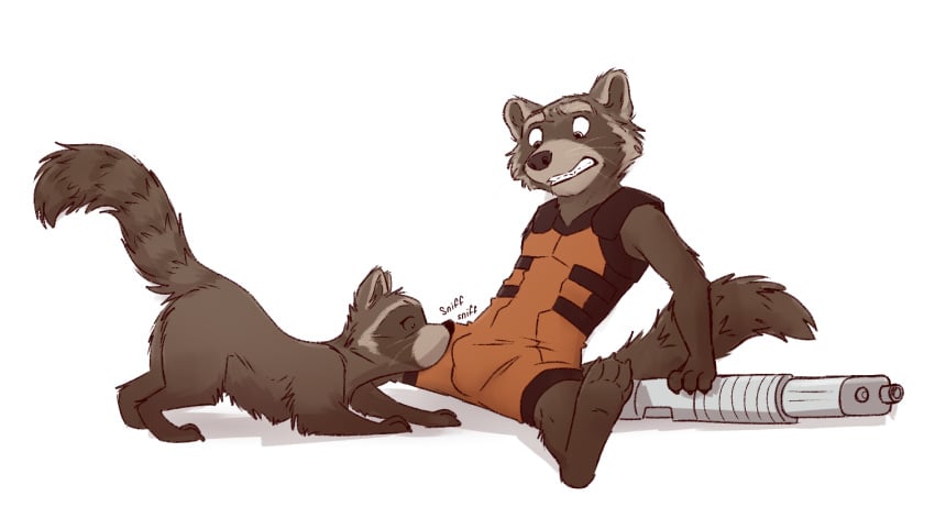 2021 ambiguous_gender anthro anthro_only balls_outline bulge clothing duo genital_outline guardians_of_the_galaxy gun iztli male mammal marvel penis_outline procyonid raccoon raised_tail ranged_weapon rocket_raccoon simple_background sitting sniffing spread_legs spreading tail teeth weapon white_background