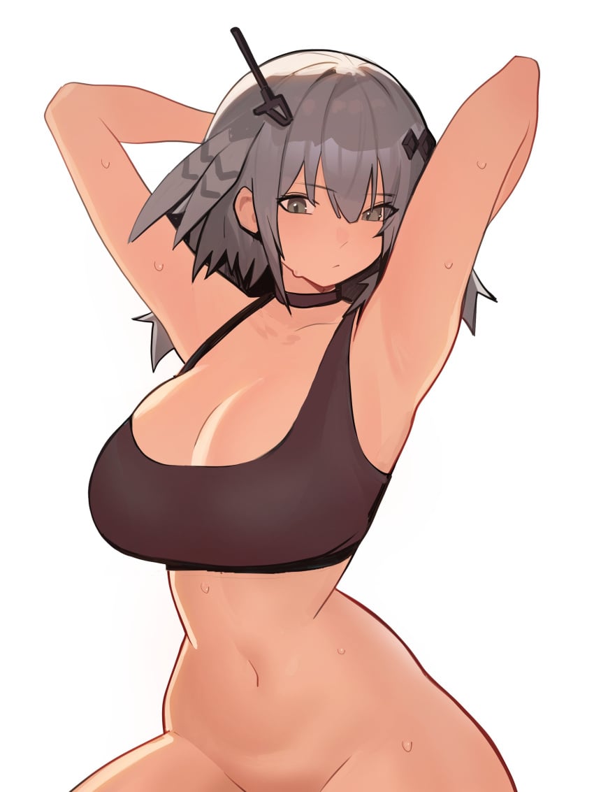 arknights armpit armpits arms_behind_head arms_up belly belly_button big_breasts bird_girl blush bottomless bra choker cleavage female female_only green_hair grey_eyes greythroat_(arknights) hair_accessory hair_between_eyes hair_ornament large_breasts medium_breasts midriff mound_of_venus navel ninra no_panties skinny_waist slim_waist small_waist sports_bra sweat sweaty sweaty_body thick_thighs tummy white_background wide_hips