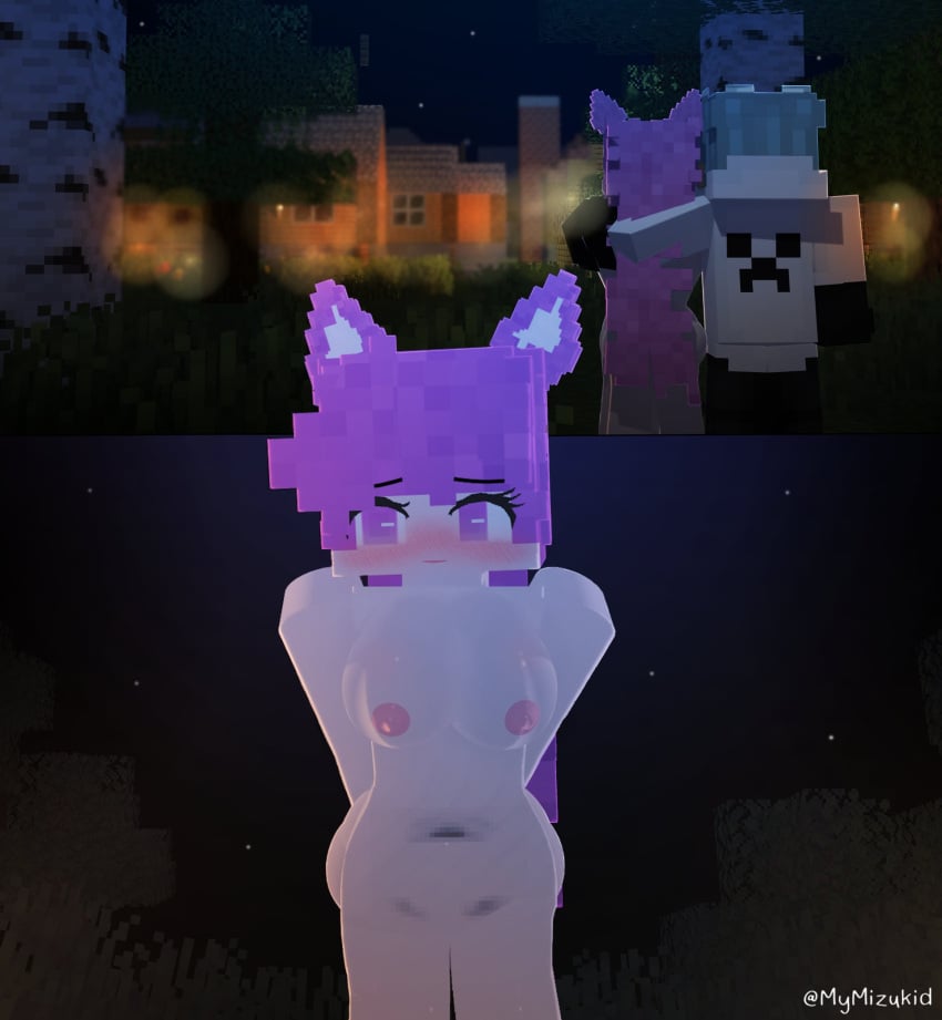 1boy 1girls animal_ears blush completely_nude completely_nude_female embarrassed embarrassed_nude_female erect_nipples exhibitionism female horny horny_female mine-imator minecraft mizuki_(mymizukid) mymizukid naked night nude nude_female nudity outdoors pink_ears pink_eyes pink_hair pussy_wet tagme