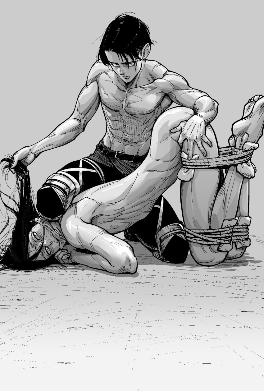 accurate_art_style attack_on_titan bdsm bondage dominant_male eren_jaeger gay gay_domination hardcore hi_res high_resolution highres levi_ackerman long_hair_male male male/male male_only partially_clothed rope rope_bondage shingeki_no_kyojin submissive_male supobi yaoi