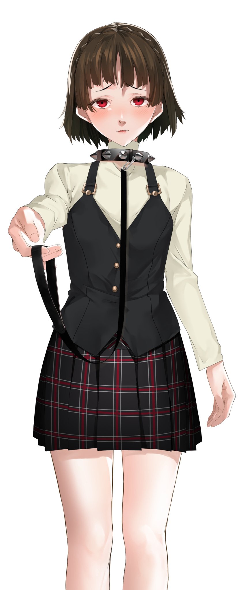 1girls black_vest breasts brown_hair collar crown_braid furisuku holding_leash leash looking_at_viewer makoto_niijima medium_breasts persona persona_5 plaid_skirt red_eyes school_uniform shirt short_hair shuujin_academy_uniform skirt spiked_collar vest white_shirt