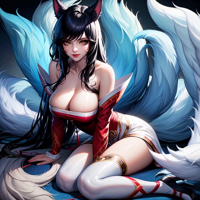 1girls ahri ai_generated animal_ears bare_shoulders black_hair breasts cleavage facial_markings female female_only fox fox_girl kitsune large_breasts league_of_legends long_hair looking_at_viewer self_upload stable_diffusion vastaya zat3rj3en