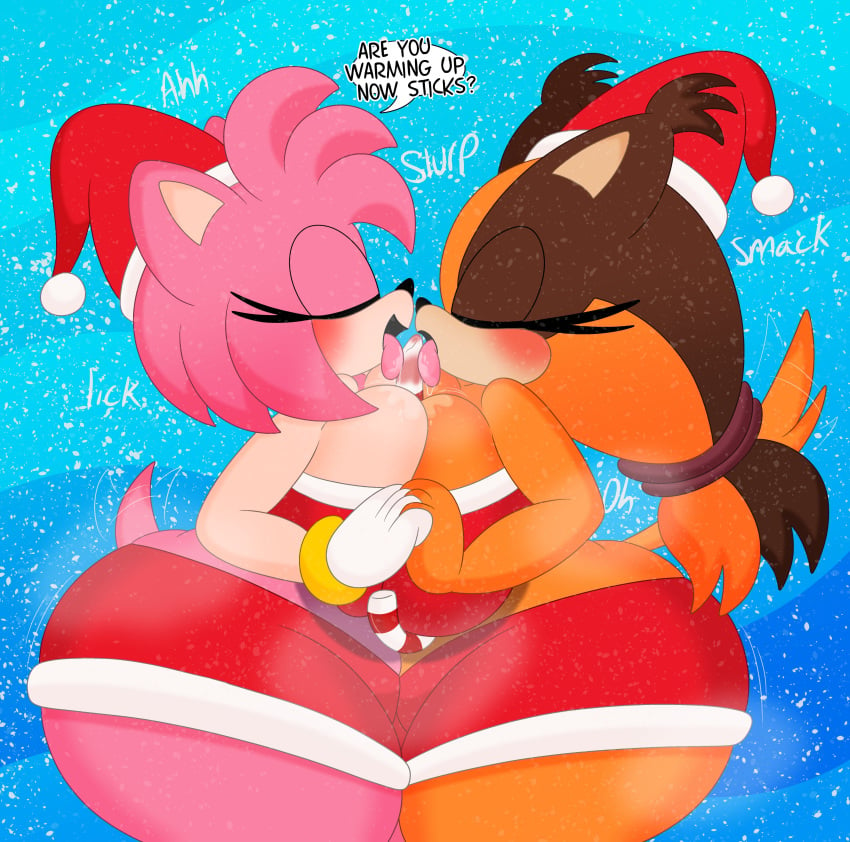 2girls 3barts amy_rose candy_cane christmas closed_eyes implied_ass_cleavage kiss kissing lesbian_kiss licking licking_candy saliva sega sonic_(series) sonic_boom sonic_the_hedgehog_(series) sticks_the_badger thick_thighs yuri