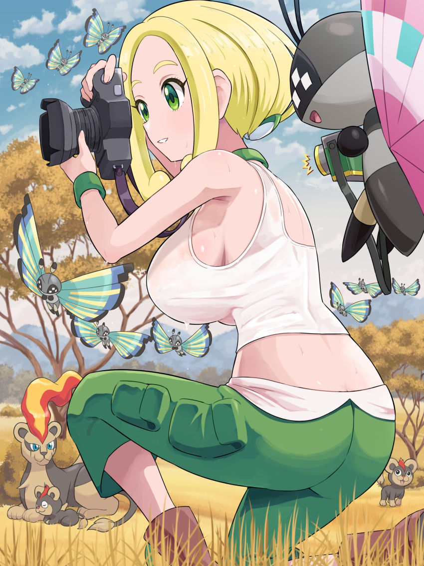 1girls ass back_view big_breasts blonde_hair breasts camera female female_focus green_eyes gym_leader huge_breasts litleo nature no_bra outdoors pale-skinned_female pale_skin photography pokemoa pokemon pokemon_xy pyroar short_hair sideboob sweating sweaty_breasts taking_picture tank_top tree viola_(pokemon) vivillon wet_clothes