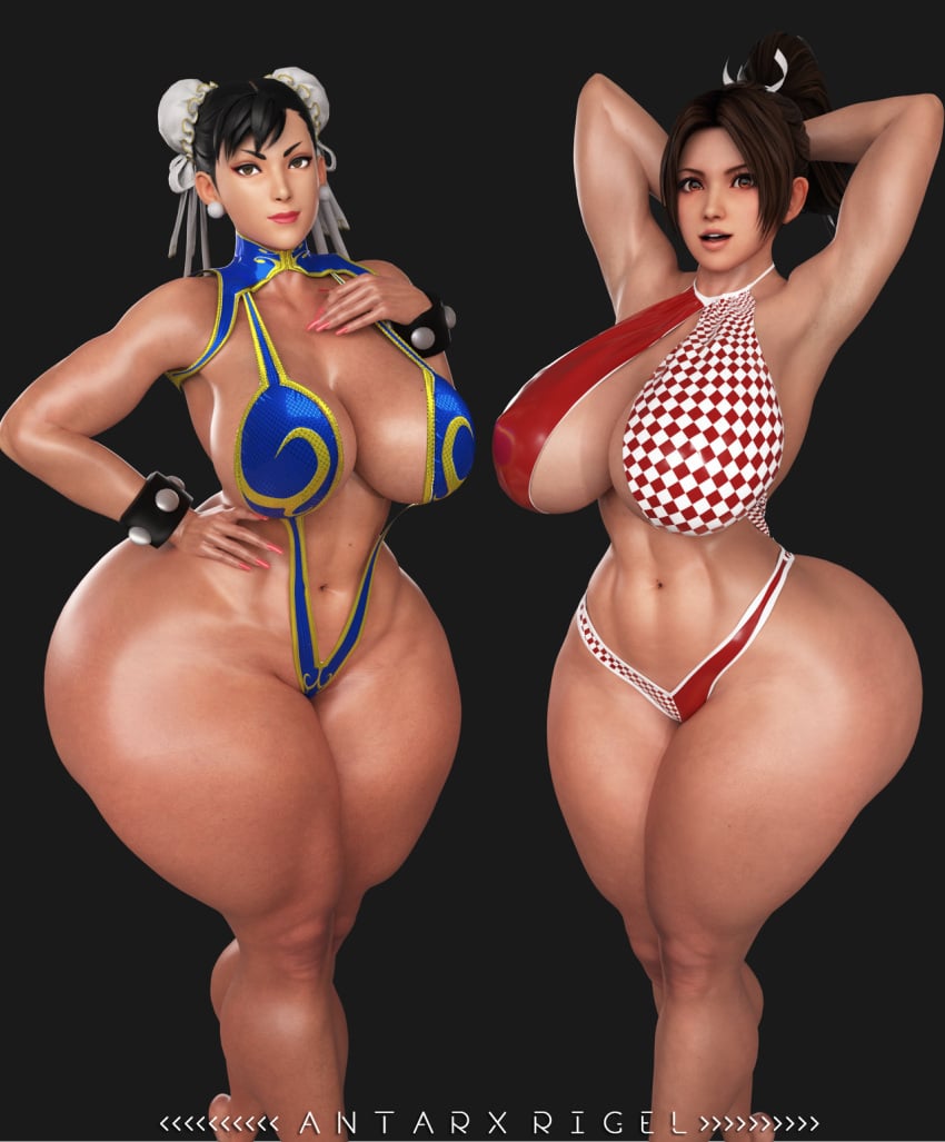 2girls 3d abs antarxrigel arms_behind_back armwear big_breasts bikini black_background bottom_heavy brown_hair capcom chun-li cleavage curvy curvy_females curvy_figure duo duo_focus earrings enormous_thighs fat_thighs fatal_fury feet_out_of_frame female female_only hand_on_head huge_breasts huge_hips huge_thighs human king_of_fighters large_breasts large_thighs light-skinned_female light_skin mai_shiranui massive_hips massive_thighs multiple_girls navel ponytail snk standing street_fighter street_fighter_v take_your_pick thick thick_thighs thunder_thighs thunderthighs underboob voluptuous voluptuous_female wide_ass wide_hips