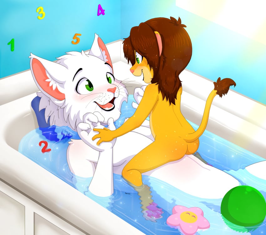 4_fingers absurd_res age_difference anthro ass ball bath bathing bathing_together bathroom bathtub blush brown_hair casual_nudity convenient_censorship countershading cub daughter day detailed_background digital_media_(artwork) domestic_cat duo father father_and_daughter felid feline felis female fingers fur good_parenting green_eyes hair happy hi_res inside interspecies isao_sakmat keiko_sakmat light lion male mammal nude orange_body orange_fur pantherine paws pillow piporete signature sun sunlight toy water wet white_body white_fur young