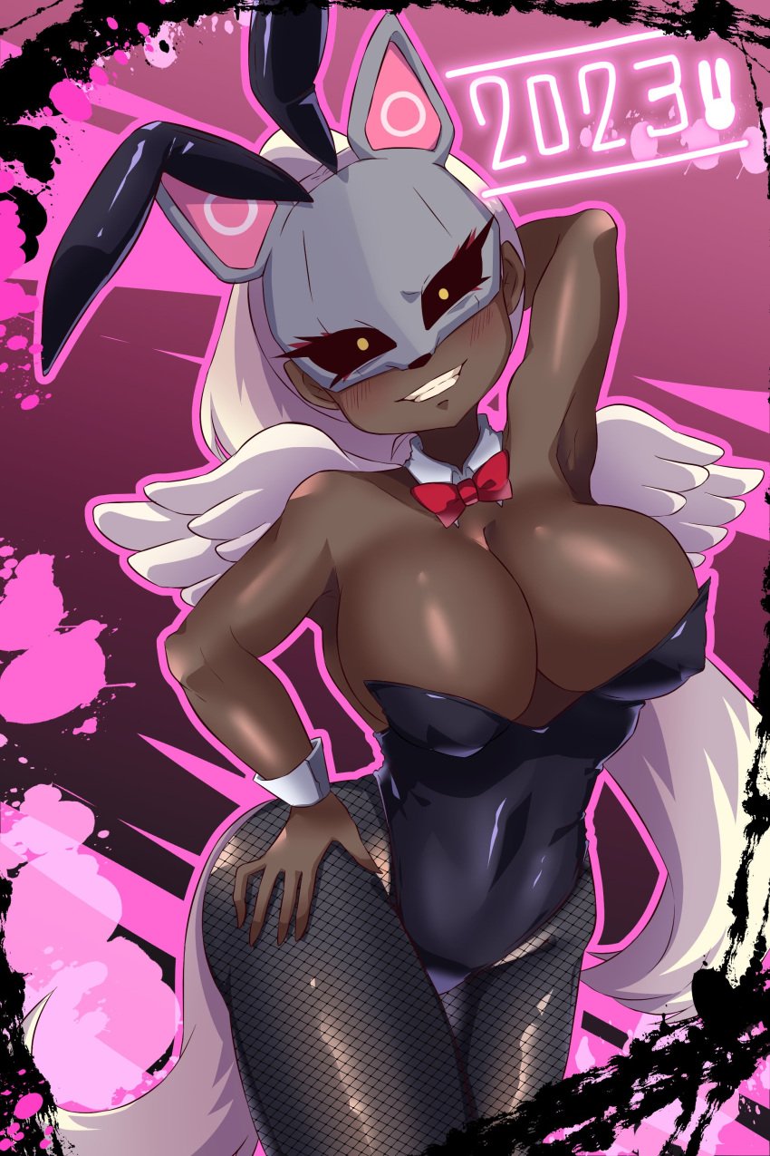 bowtie breasts bunny_ears bunnysuit cleavage dark-skinned_female dark_skin fishnet fishnets huge_ass huge_breasts library_of_ruina long_hair mask meow_(library_of_ruina) project_moon tagme white_hair