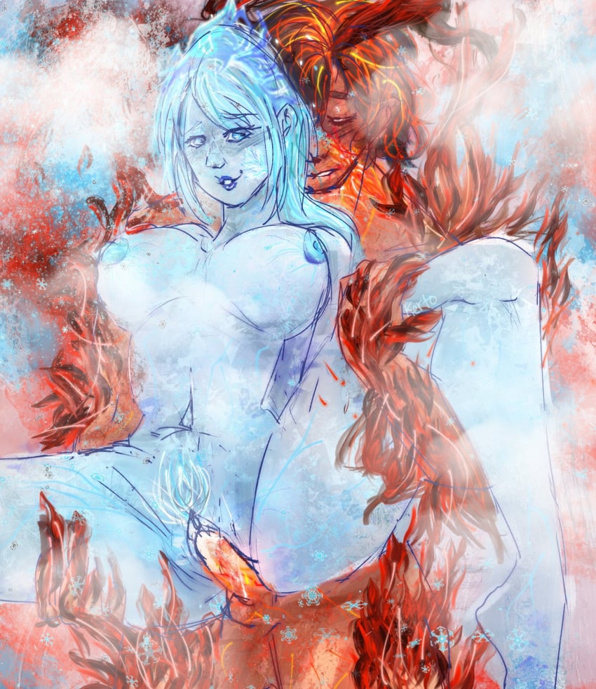 1boy blue_skin breasts claws clive_rosfield colored_skin female female_pubic_hair final_fantasy final_fantasy_xvi highres horns jill_warrick kerto nipples penis pubic_hair red_skin reverse_upright_straddle sex smile snowflakes spread_legs steaming_body straight tiara vaginal_penetration