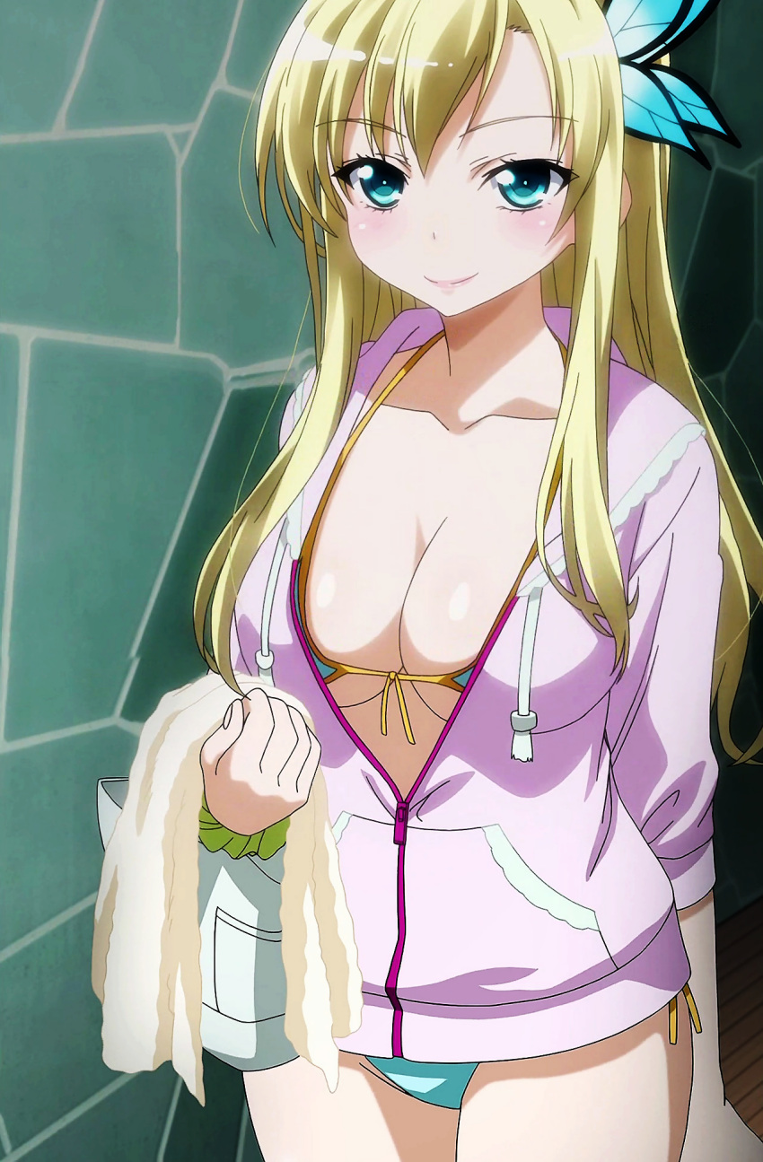 1girls bikini blonde_hair blue_eyes boku_wa_tomodachi_ga_sukunai breasts butterfly_hair_ornament cleavage closed_mouth collarbone female_focus hair_ornament hi_res jacket large_breasts long_hair screencap sena_kashiwazaki sidelocks smile solo standing stitched swimsuit third-party_edit towel