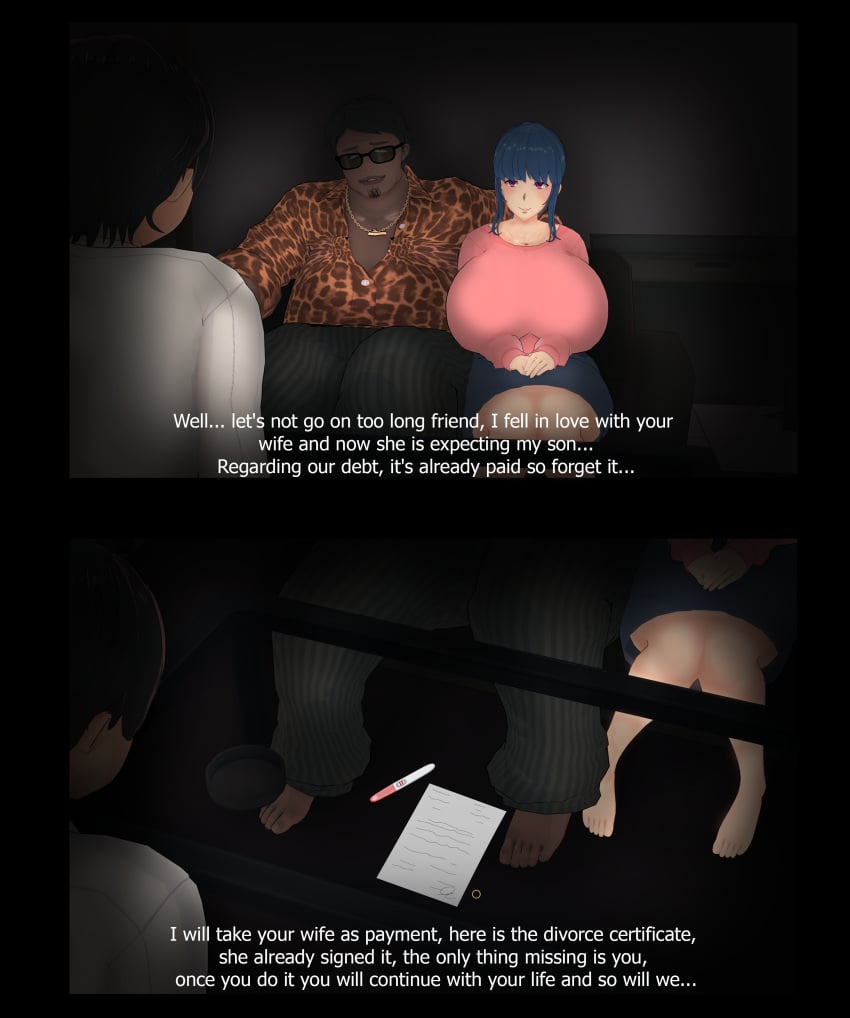 1girls 2023 2boys 2koma 3d :d absurd_res absurdres background_character big_breasts black_hair blue_hair blush breasts cheating cheating_wife comic cuckold dark-skinned_male dark_skin dialogue divorce english_text faceless_male fat fat_man feet female fertilization forced hi_res high_resolution impregnation jewelry looking_at_another male married_woman mature mature_female multiple_boys netorare ntr open-mouth_smile open_mouth original paper ponytail positive_pregnancy_test pregnancy_test purple_eyes ring sitting_on_couch smile sunglasses text tied_hair ugly_bastard ugly_man uniform v_arms vyrus_smith wedding_ring