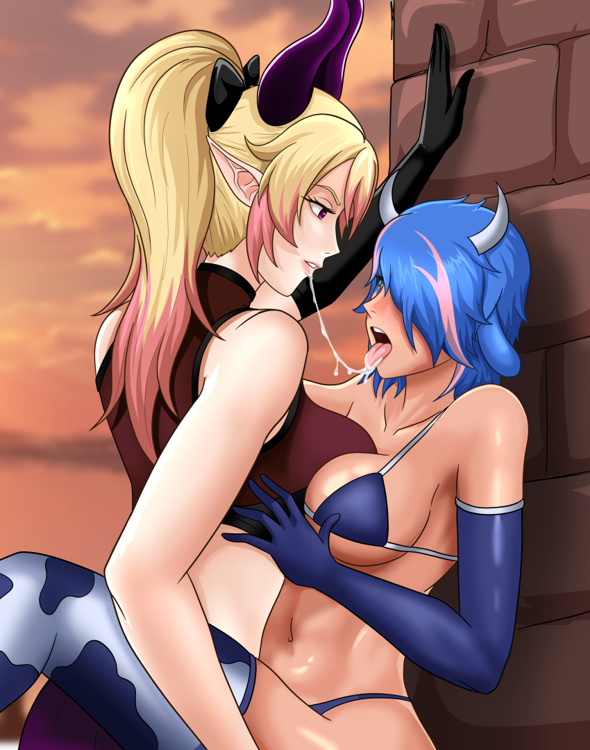 2girls averysai big_breasts blonde_hair cow_ears cow_girl cow_print demon_girl demon_horns purple_eyes quinn_(qballin27) saliva saliva_drip saliva_on_tongue saliva_string saliva_trail virtual_youtuber yuri