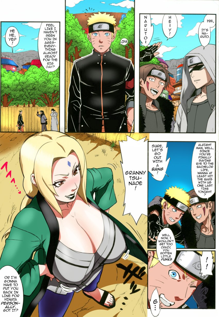 1girls 3boys aburame_shino aroma_gaeru black_lipstick blonde_hair blue_eyes blush breasts cleavage clothing cloud colorization comic congratulations curvaceous curvy_female curvy_hips doujinshi english_language english_text erect_nipples erect_nipples_under_clothes eyelashes facial_mark female fingerless_gloves forehead_mark gloves hair happy high_resolution inuzuka_kiba lipstick makeup male mature mature_female milf multiple_boys naruto naruto:_the_last nipples numahana older_woman_and_younger_man outdoors panels plump right_to_left short_hair sky speech_bubble sunglasses text tree tsunade uzumaki_naruto voluptuous whisker_markings wooden_fence