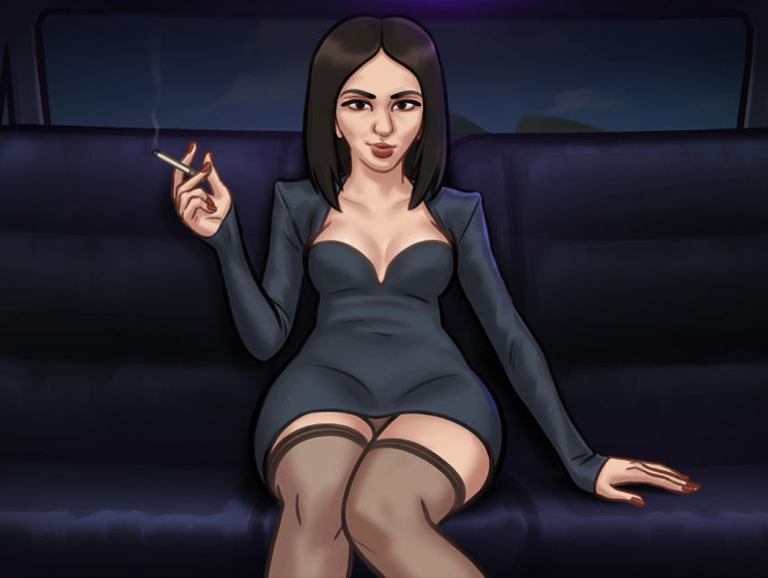 1girls 2d_(artwork) black_hair breasts brown_eyes car car_interior car_seat cigarette cleavage clothed clothing darkcookie digital_drawing_(artwork) digital_media_(artwork) dress female female_focus holding_cigarette jacket legwear light-skinned_female light_skin looking_at_partner looking_at_viewer male_pov nadya_(summertime_saga) panties pov pov_eye_contact see-through see-through_legwear sitting small_breasts smile smiling smirk smirking solo_focus summertime_saga thick_thighs underwear upskirt