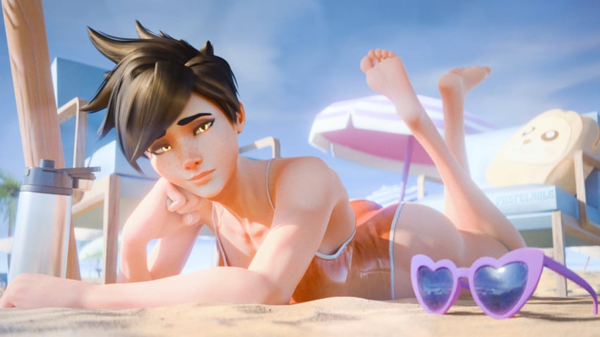 3d barefoot beach blizzard_entertainment brown_hair feet feet_up laying_on_bed laying_on_ground laying_on_stomach lena_oxton looking_at_viewer overwatch pastelhole resting resting_on_arms round_ass round_butt skinny slim soles solo swimsuit swimwear the_pose toes tracer yellow_eyes