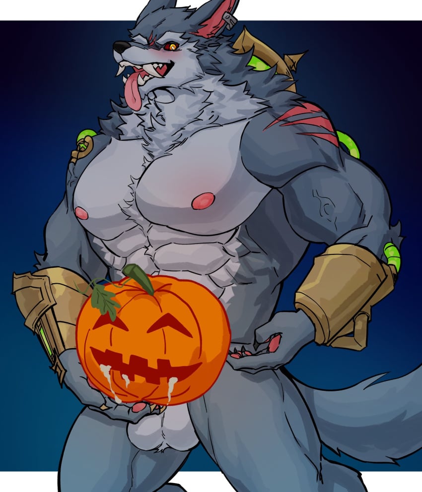 1boy barazoku blush cum cum_drip fucking_pumpkin gay halloween holidays jack-o'-lantern jack_o'_lantern league_of_legends looking_at_viewer male male_focus male_nipples male_only manly nipples pumpkin pumpkin_masturbation riot_games solo solo_male warwick warwickislovely werecanid werecanine werewolf