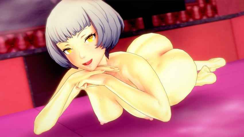 blush elizabeth_(persona) female lying_on_stomach nude nude_female persona persona_3 seductive_look solo_female that_naoto_guy white_hair yellow_eyes