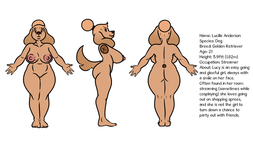 anthro beauty_mark big_breasts bird_dog breasts canid canine canis cannid crayzee609 domestic_dog female golden_retriever hi_res hunting_dog lucille_(crayzee609) mammal model_sheet nude retriever simple_background solo wide_hips