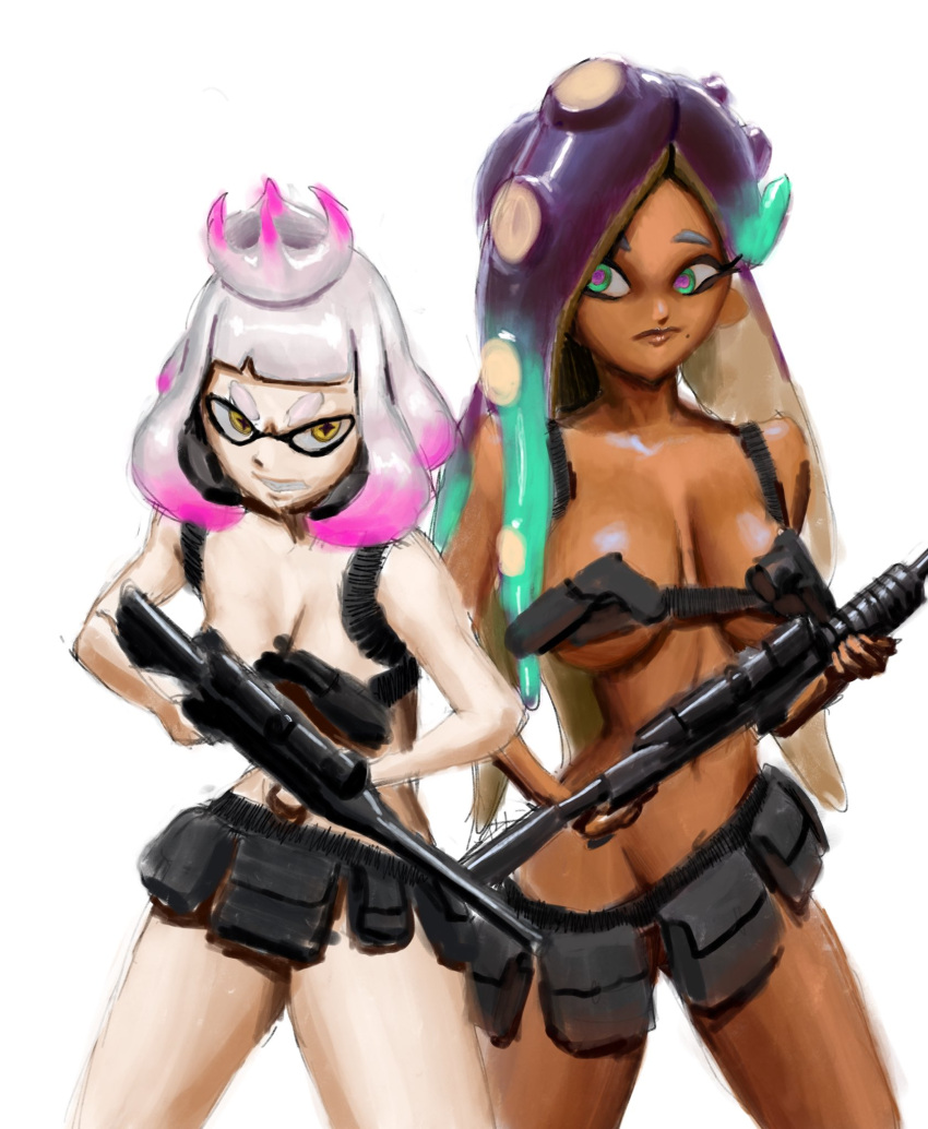 2girls breasts dark-skinned_female female female_only largebubb marina_(splatoon) nintendo nudist_beach_uniform pearl_(splatoon) splatoon splatoon_(series) splatoon_2 tagme white_skin