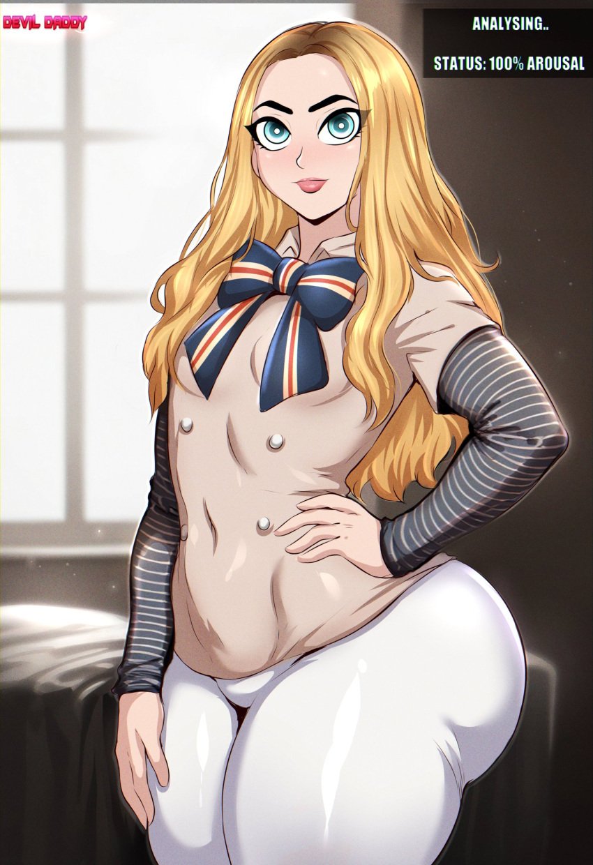 1girls android ass blonde_hair blue_eyes bubble_butt devil_daddy female female_humiliation female_only gynoid hand_on_hip large_ass long_hair m3gan m3gan_(film) non-human pale-skinned_female pale_skin plump_lips ribbon spankable_ass thick_eyebrows thick_thighs white_pants wide_hips