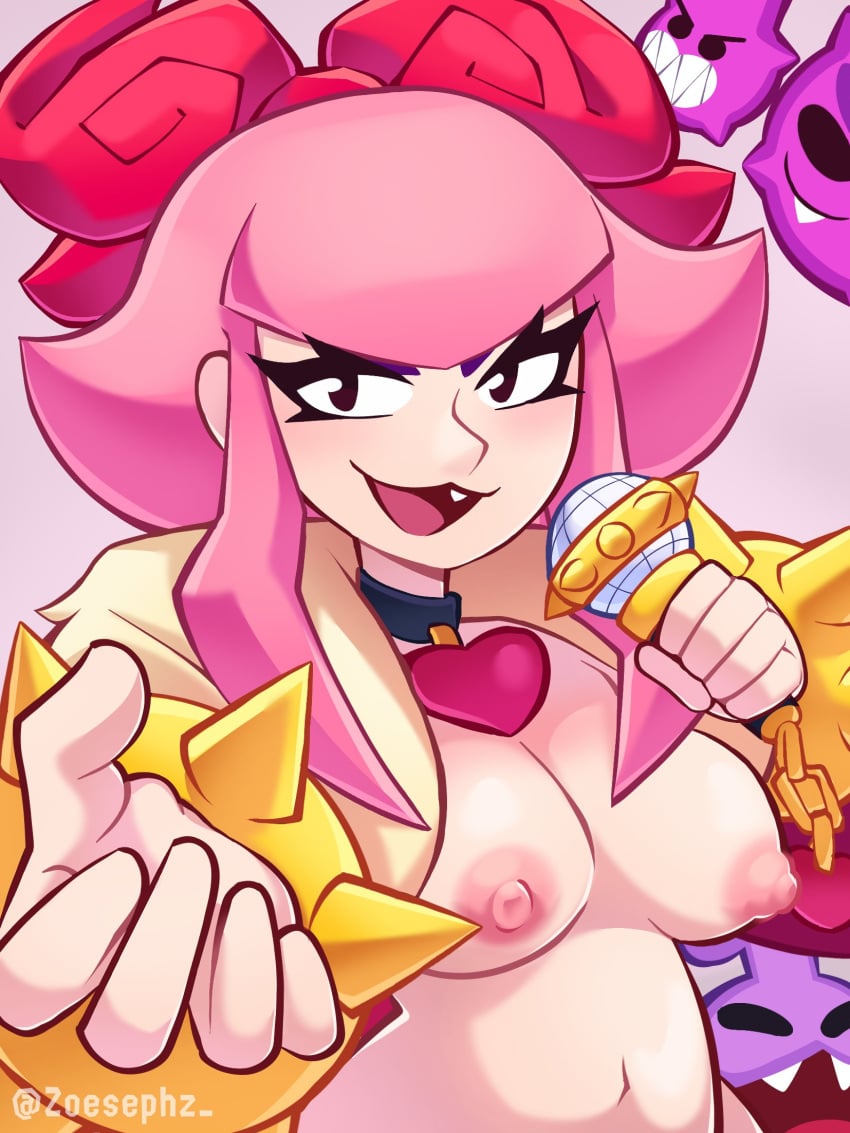 areolae artist_name brawl_stars breasts choker hairbow jacket long_hair looking_at_viewer medium_breasts melodie_(brawl_stars) microphone navel nipples open_clothes open_jacket open_mouth pink_hair smile text zoesephz