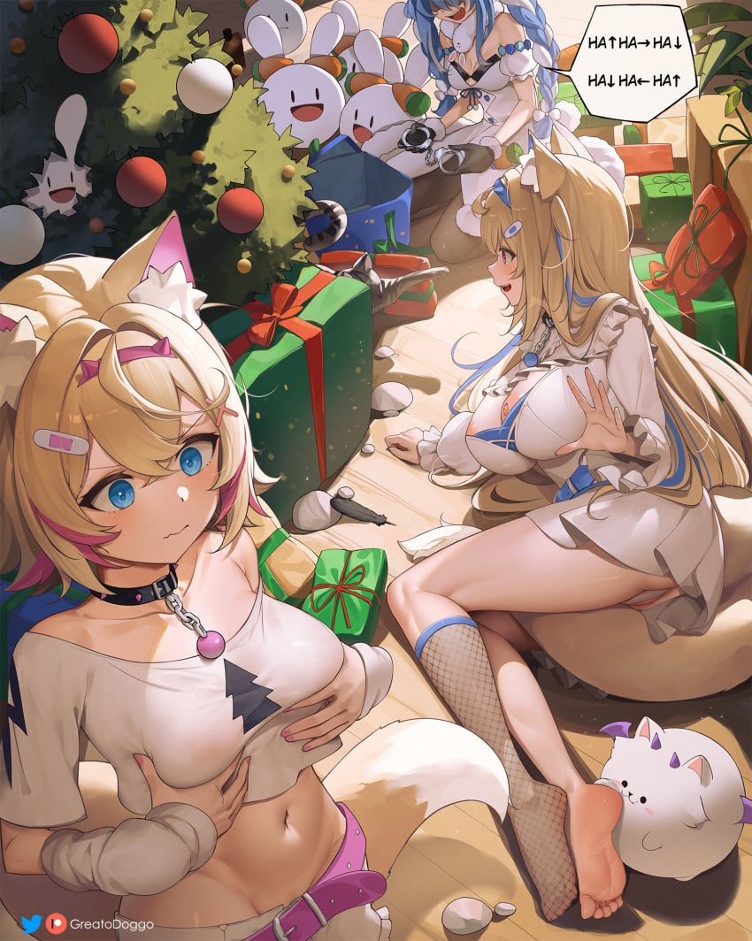 3girls alternate_breast_size blonde_hair blue_eyes blue_hair braid breasts christmas female fuwamoco fuwawa_abyssgard greatodoggo hi_res hololive hololive_english hololive_english_-advent- hololive_fantasy hololive_japan kemonomimi large_breasts light-skinned_female light_skin long_hair mococo_abyssgard multiple_girls pink_eyes pussy rabbit_ears short_hair sisters usada_pekora virtual_youtuber