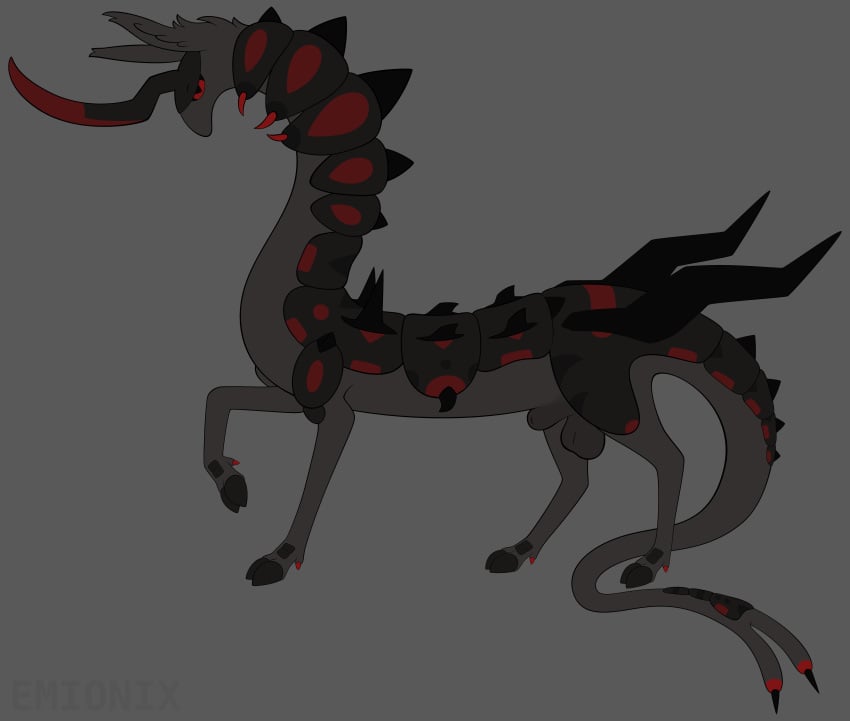 1_horn absurd_res animal_genitalia artist_name balls black_markings black_sclera black_scutes cloven_hooves darkened_balls darkened_genitalia darkened_sheath dewclaw_hooves dipstick_tail emionix feral flat_colors forked_tail fully_sheathed fur genitals grey_background grey_balls grey_body grey_fur grey_sheath hi_res hoofbeast hooves horn knight_(emx) lidded_eyes long_ears long_neck long_tail male markings mouthless nonbinary_(lore) noseless omnigon omnitope pupils quadruped raised_foreleg red_eyes red_markings scutes sheath side_view simple_background slim slim_feral slim_male slit_pupils snout solo solo_male spikes spikes_(anatomy) standing tail tail_markings tapering_snout text thick_tail thin_legs toony unguligrade unusual_anatomy unusual_tail