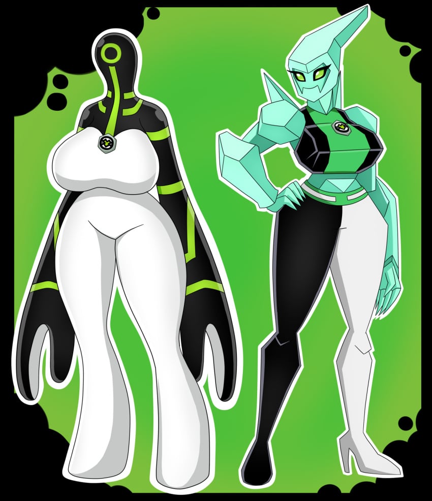 1_eye 2023 5_fingers alien alien_humanoid apple_green_clothing apple_green_eyes ben_10 big_breasts black_body blue_body breasts cartoon_network cel_shading chaquetrix clothed clothing diamondhead digital_drawing_(artwork) digital_media_(artwork) duo elemental_creature elemental_humanoid featureless_breasts female fingers front_view full_body galvanic_mechamorph green_background green_eyes green_sclera hand_on_hip hi_res humanoid midriff mineral_fauna mineral_humanoid outline petrosapien shaded simple_background smile standing upgrade upgrade_(ben_10) urusee584 white_body white_clothing white_outline