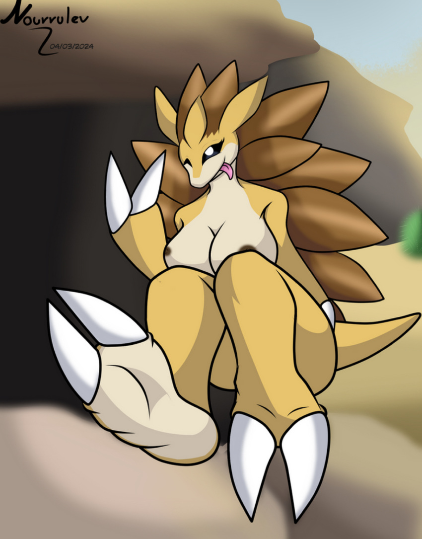 1girls 2024 anthro artist_name breasts feet female female_only foot_fetish foot_focus game_freak nintendo nourrulev pokemon pokemon_(species) sandslash solo spikes tongue tongue_out wink