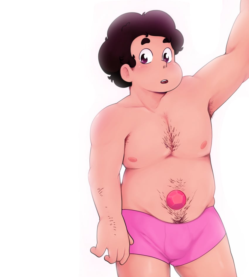 1boy 1male arm_up balls_under_clothes black_hair blush boy bulge bulge_under_clothes caught chubby_male clothed color colored curly_hair cute_male dark_hair digital_drawing_(artwork) digital_media_(artwork) gem gem_(species) hairy hairy_armpits hairy_chest hairy_male half-erect half_naked hotfiresu human hybrid male male_focus male_only muscles muscular muscular_male naked nipples not_ai_generated nude_male penis_under_clothes pink_eyes pink_underwear pose posing_for_the_viewer pubic_hair shaded solo solo_focus solo_male standing steven_quartz_universe steven_universe surprised_expression topless underwear underwear_only worship