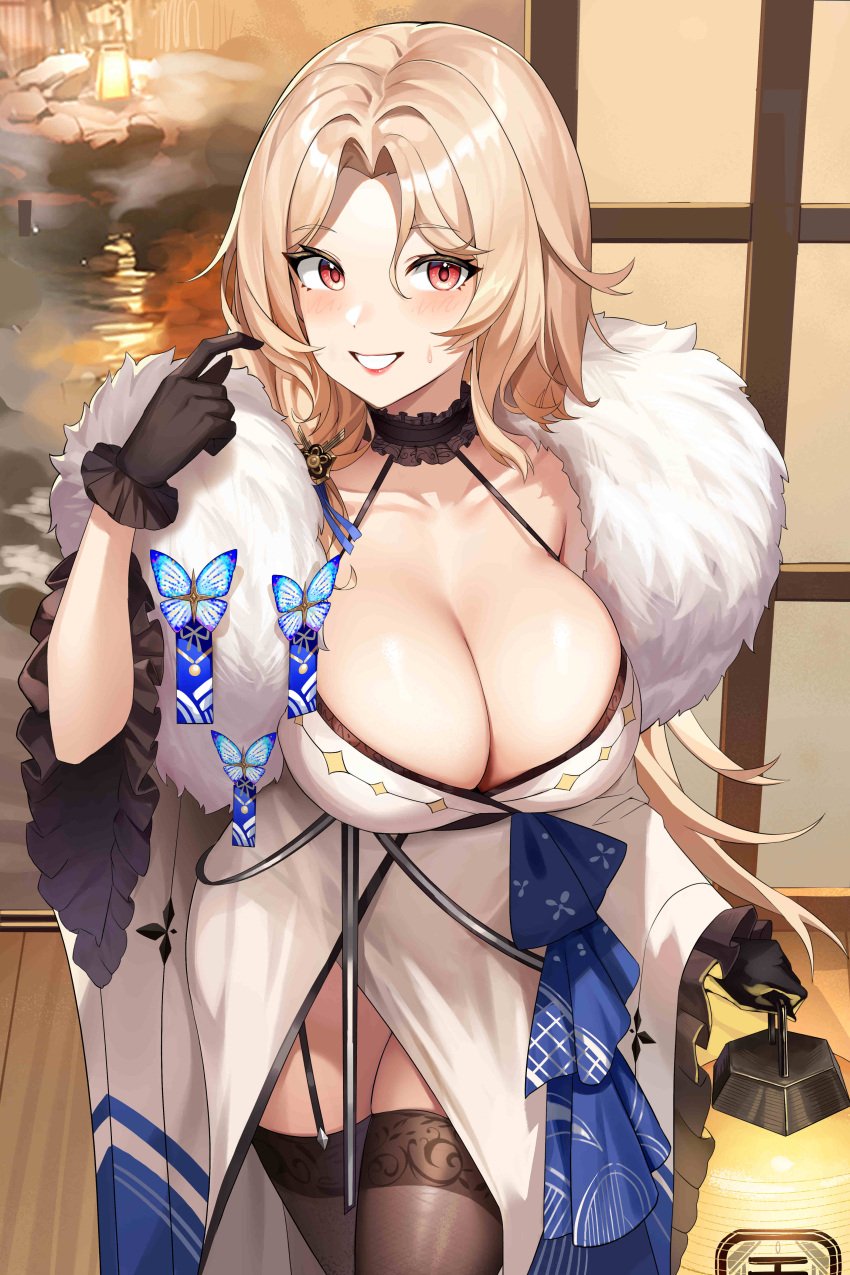 1girls absurd_res black_gloves black_legwear blonde_hair blush breasts butterfly cleavage collarbone dress eyebrows_visible_through_hair fur_trim garter_straps gloves goddess_of_victory:_nikke grin hair_ornament hair_over_shoulder holding_object hotpants huge_breasts lantern long_hair looking_at_viewer ludmilla_(nikke) ludmilla_(winter_owner)_(nikke) mili_(pixiv24297867) off_shoulder red_eyes smile solo solo_female steam teeth thighhighs thighs water white_dress wooden_floor