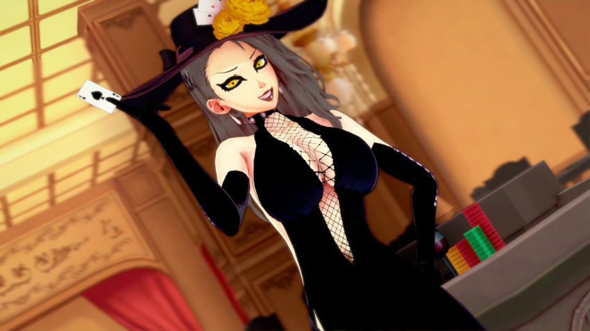 3d 3d_(artwork) black_dress black_eyeliner casino female gray_hair persona persona_5 sae_niijima shadow_sae shadow_self_(persona) that_naoto_guy yellow_eyes