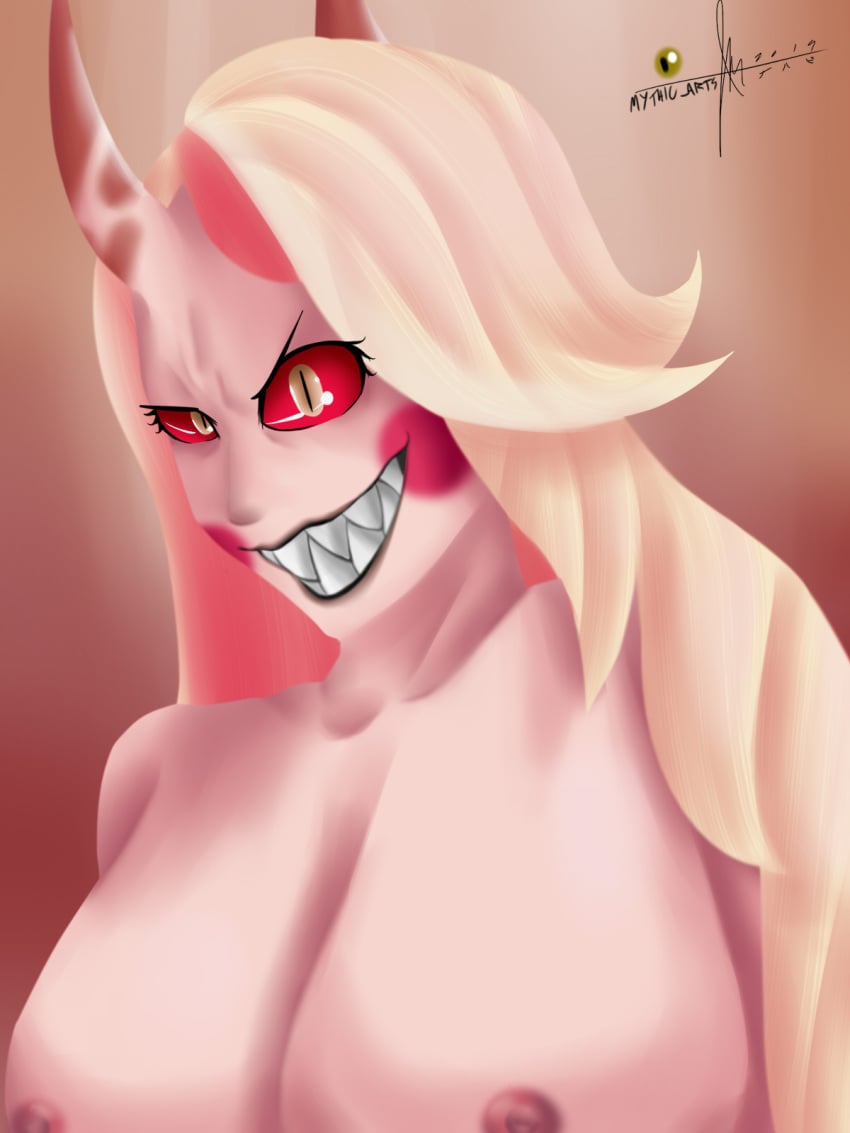 big_breasts blonde_hair breasts charlie_morningstar_(hazbin_hotel) demon demon_humanoid fangs female hair hazbin_hotel hi_res horn humanoid mythios nipples nude open_mouth open_smile red_eyes smile solo teeth white_body