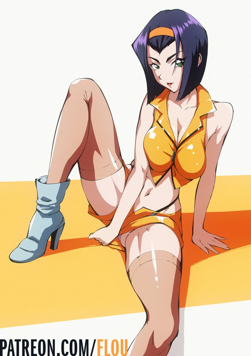 1girls big_breasts breasts cleavage cowboy_bebop faye_valentine female female_only flou large_breasts solo white_background yellow_background