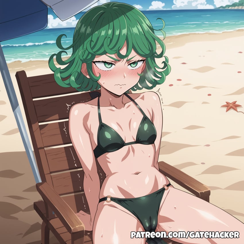 :s ai_generated arms_behind_back beach beach_chair beach_umbrella bikini blush cameltoe cloud curly_hair embarrassed female gatehacker green_eyes green_hair ocean one-punch_man pussy_juice sand sky small_breasts solo star sweat tatsumaki trembling wavy_mouth