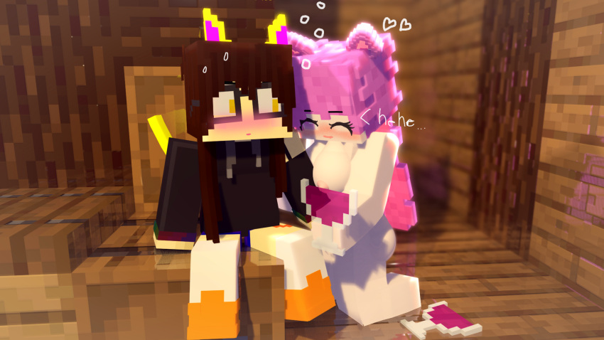 2girls animal_ears blush completely_nude completely_nude_female mine-imator minecraft mizuki_(mymizukid) multiple_girls naked nude nude_female pink_ears pink_eyes pink_hair pussy_wet tagme tainsfw0824