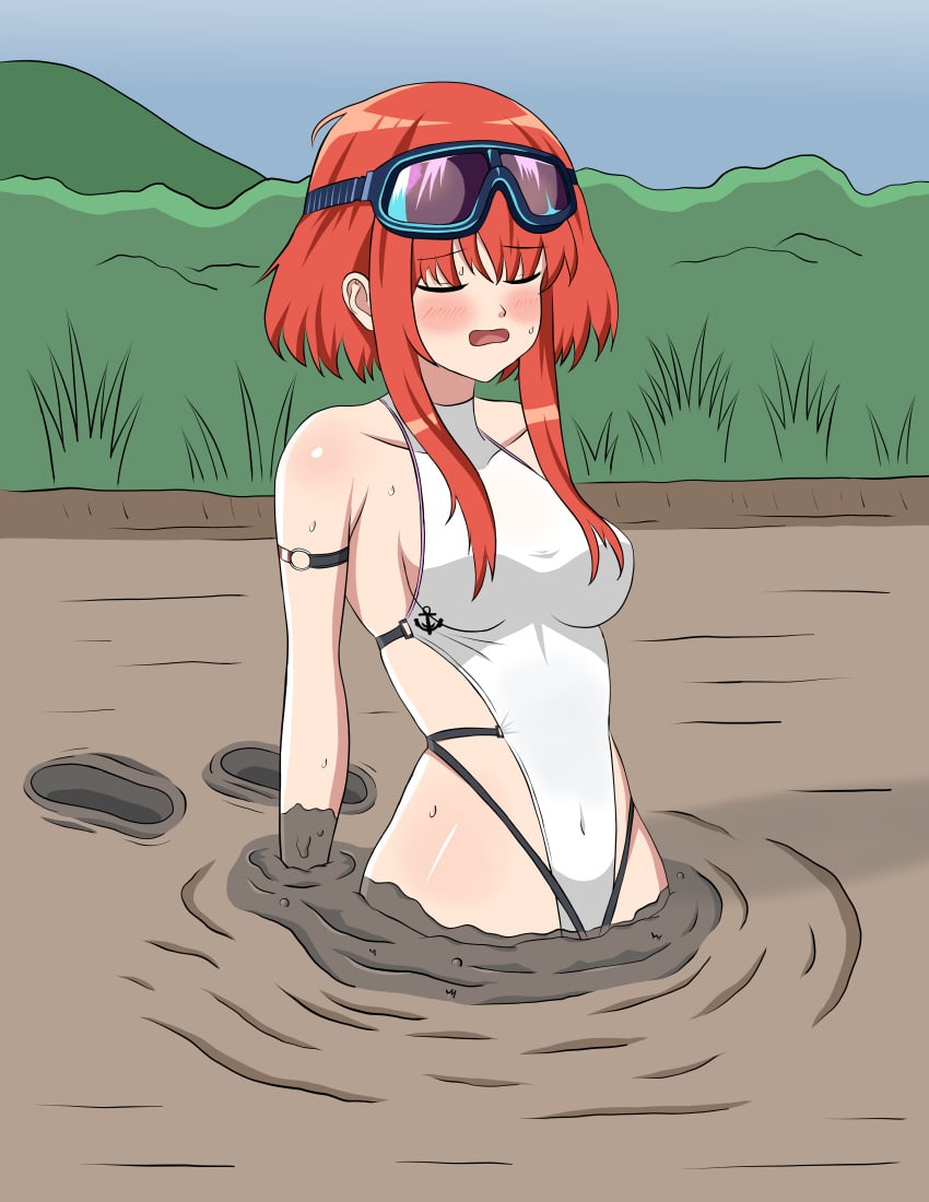 1girls azur_lane birmingham_(azur_lane) quicksand red_hair solo stuck stuck_in_ground