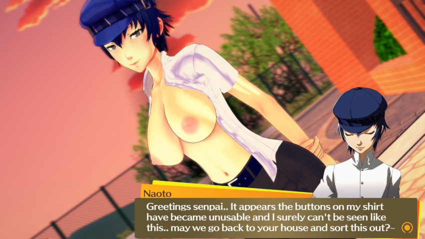 big_breasts exposed_breasts outside persona persona_4 shirogane_naoto text_box that_naoto_guy